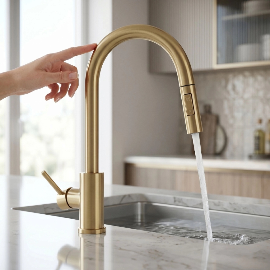 REA-B9842 - Смесител за кухненска мивка с докосване и изтеглящ се душ FRESH TOUCH, 37 см, 4xAA, четкано злато