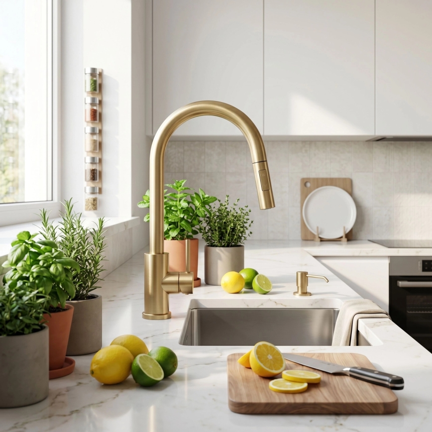 REA-B9842 - Смесител за кухненска мивка с докосване и изтеглящ се душ FRESH TOUCH, 37 см, 4xAA, четкано злато