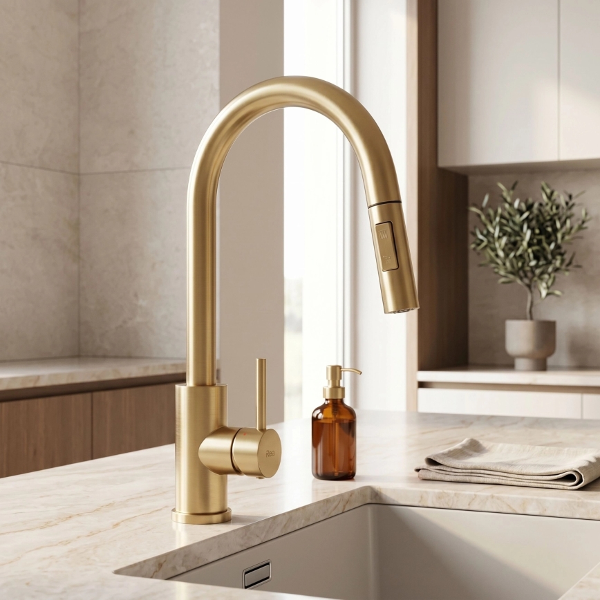 REA-B9842 - Смесител за кухненска мивка с докосване и изтеглящ се душ FRESH TOUCH, 37 см, 4xAA, четкано злато