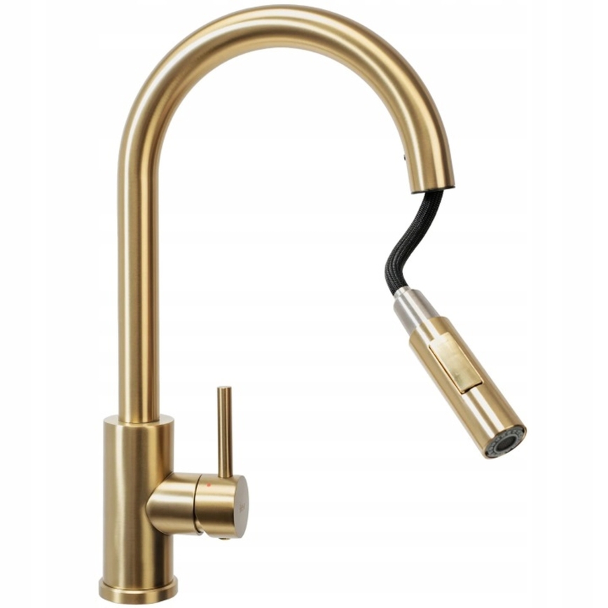 REA-B9842 - Смесител за кухненска мивка с докосване и изтеглящ се душ FRESH TOUCH, 37 см, 4xAA, четкано злато