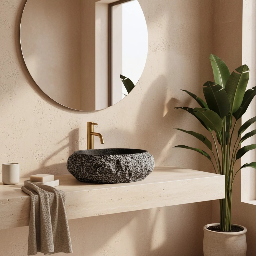 REA-U0634 - Умивалник за плот MIKA GABRO 38x50 cm черен/имитация на камък