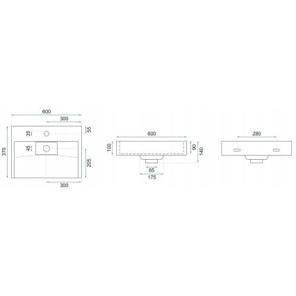 REA-U8779 - Умивалник за плот GOYA 37x60 см, конгломерат, матово черно покритие
