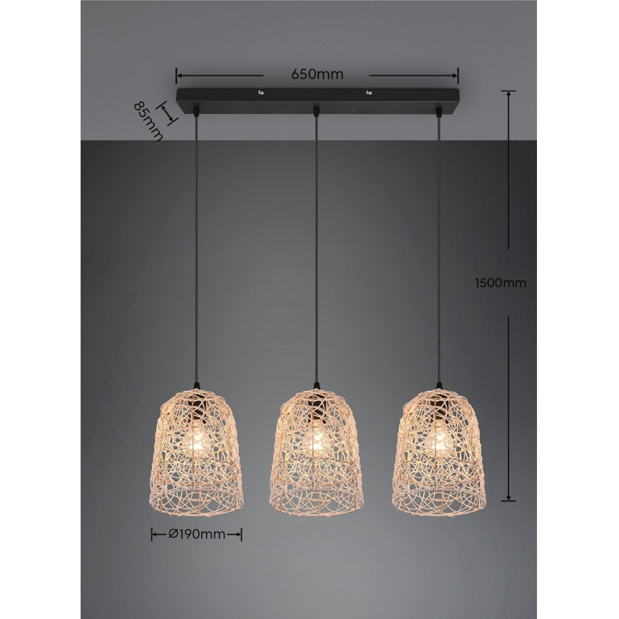 Reality - Полилей на кабел LOVIS 3xE27/40W/230V, черен