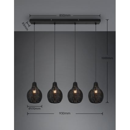 Reality - Полилей на кабел SPROUT 4xE14/30W/230V черен/ратан