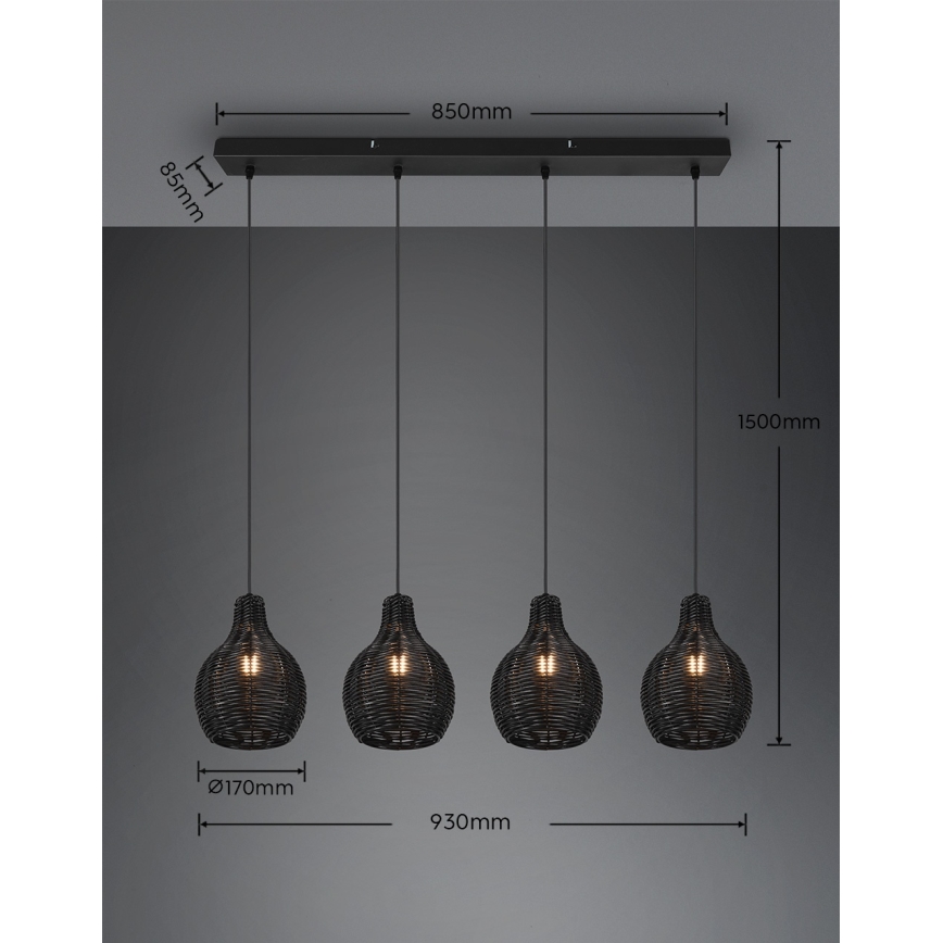 Reality - Полилей на кабел SPROUT 4xE14/30W/230V черен/ратан