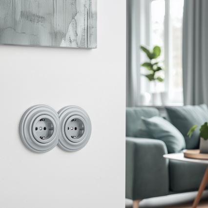 Reblig - Двойна ретро битова розетка с рамка SCHUKO 230V сива
