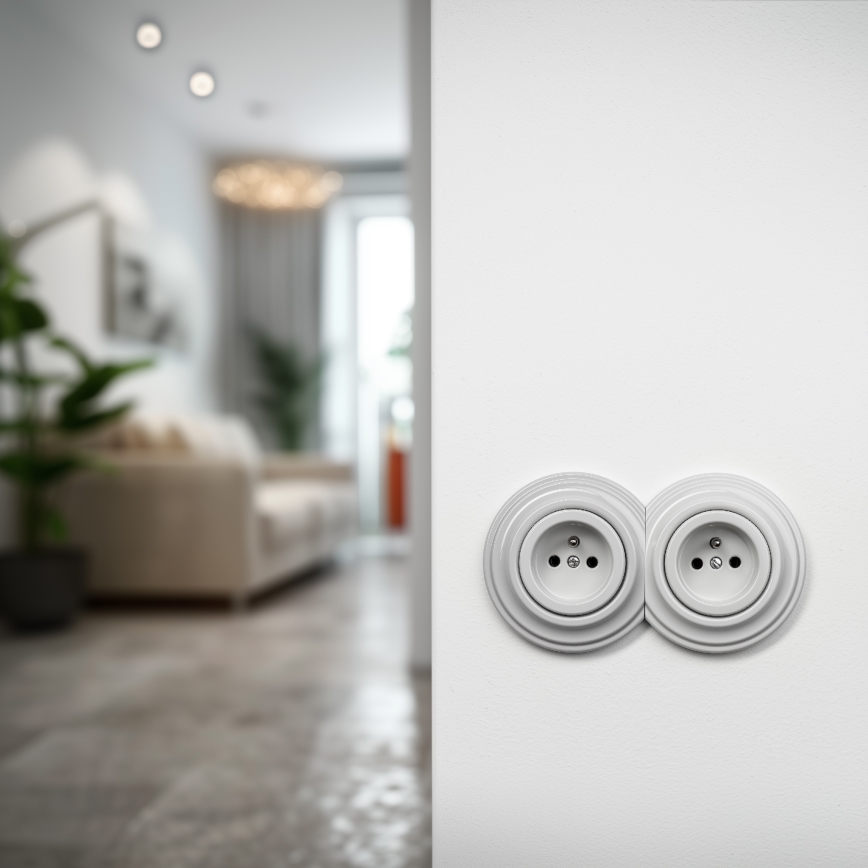 Reblig - Двойна ретро домашна розетка с рамка, 230V, керамична, бяла