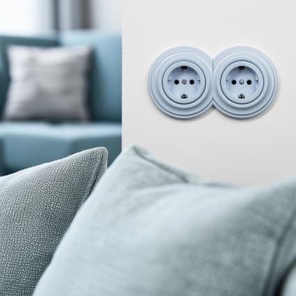 Reblig - Двойна ретро домашна розетка с рамка SCHUKO 230V синя