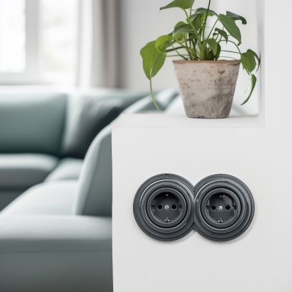 Reblig - Двойна ретро розетка за дома с рамка SCHUKO 230V антрацит