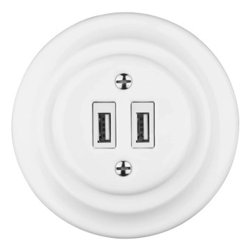 Reblig - Порцеланова ретро USB захранваща розетка с рамка 2x USB-A бяла