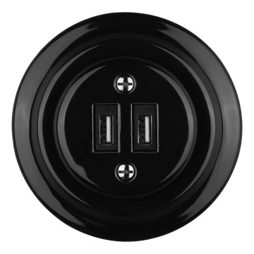 Reblig - Порцеланова ретро USB захранваща розетка с рамка, 2x USB-A, черна