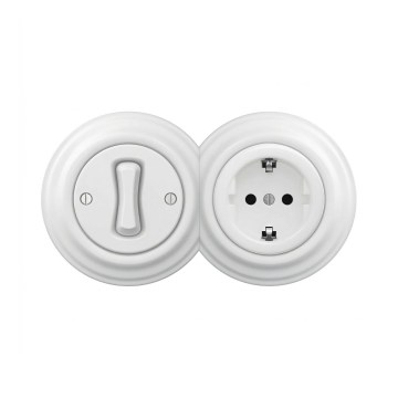 Reblig - Ретро еднополюсен ключ № 1 и гнездо SCHUKO 230V с рамка, снежнобял