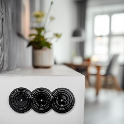 Reblig - Тройна ретро домашна розетка с рамка SCHUKO 230V, черна