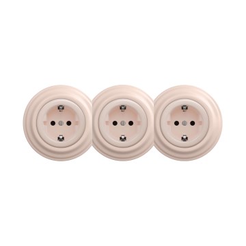 Reblig - Тройна ретро домашна розетка SCHUKO 230V с рамка, старо розово