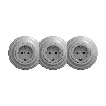 Reblig - Тройна ретро розетка за дома с рамка SCHUKO 230V, сива