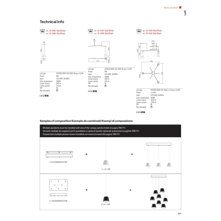 Redo 01-1496 - LED полилей на кабел LOLLI LED/6W/230V Ø 14 см черен