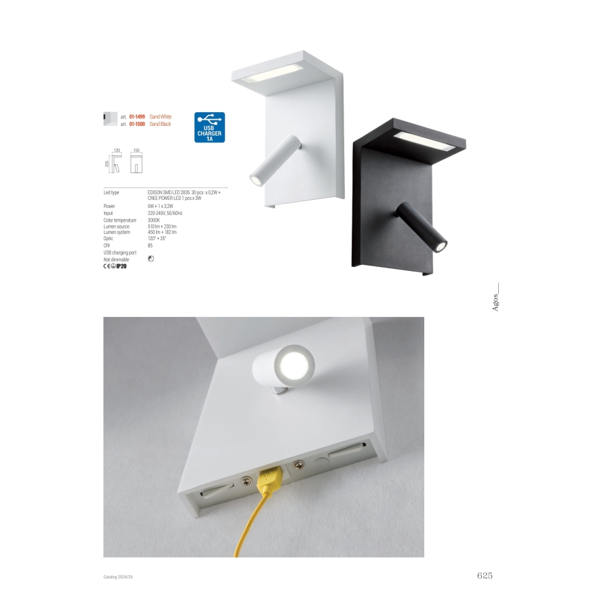 Redo 01-1500 - LED Стенен спот AGOS LED/6W/230V + LED/3,2W USB черен