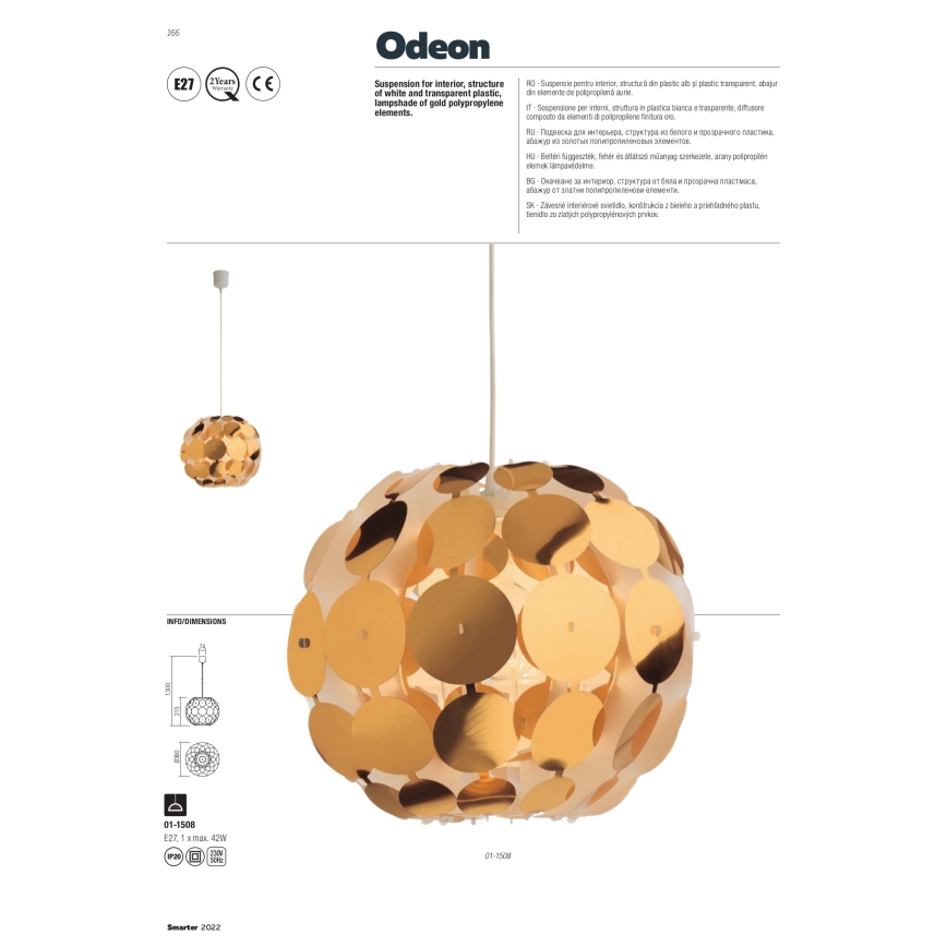 Redo 01-1508 - Пендел ODEON 1xE27/42W/230V Ø 36 см златист