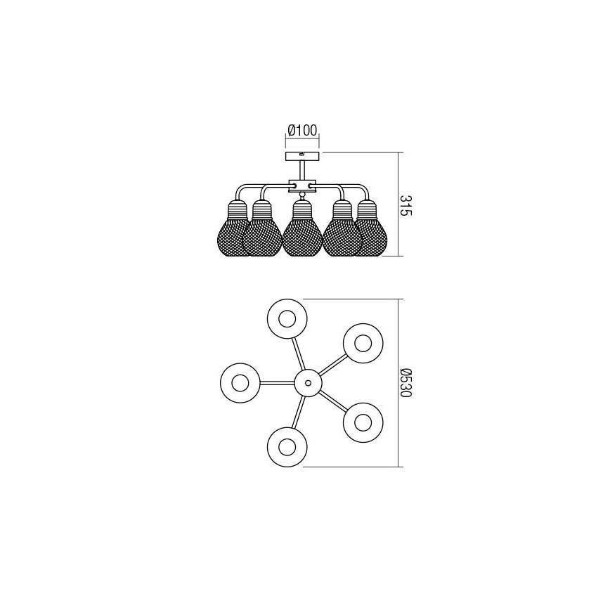 Redo 01-1577 - Таванен полилей на тръба EDISON 5xE27/42W/230V Ø 53 см черен/меден