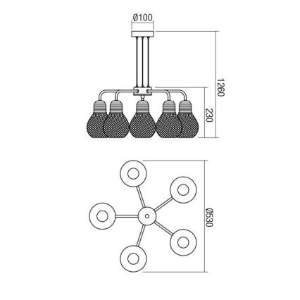 Redo 01-1580 - Полилей на кабел EDISON 5xE27/42W/230V Ø 53 см черен/меден