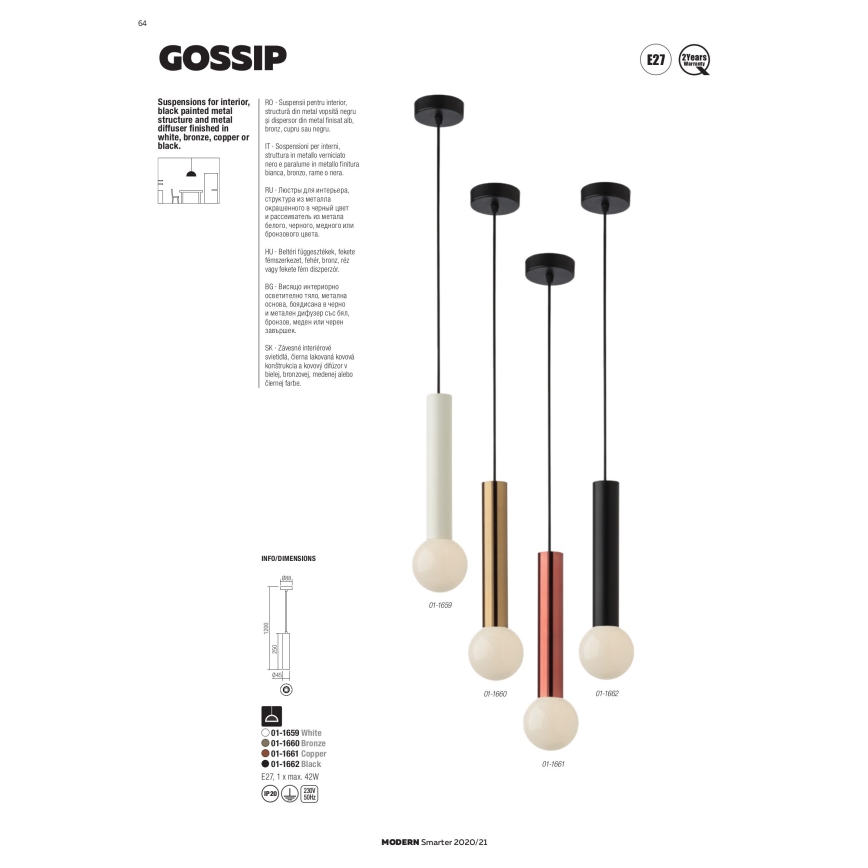 Redo 01-1661 - Пендел GOSSIP 1xE27/42W/230V меден