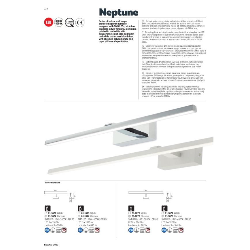 Redo 01-1678 - LED За баня Осветление за огледало NEPTUNE 1xLED/18W/230V IP44