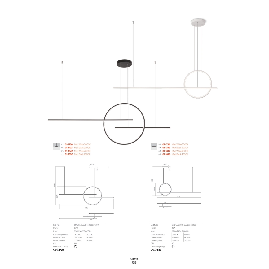 Redo 01-1734 - LED Димируем пендел GIOTTO LED/46W/230V бял