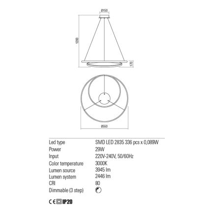 Redo 01-1794 - LED Димируем пендел TORSION LED/29W/230V Ø 55 см бронзов