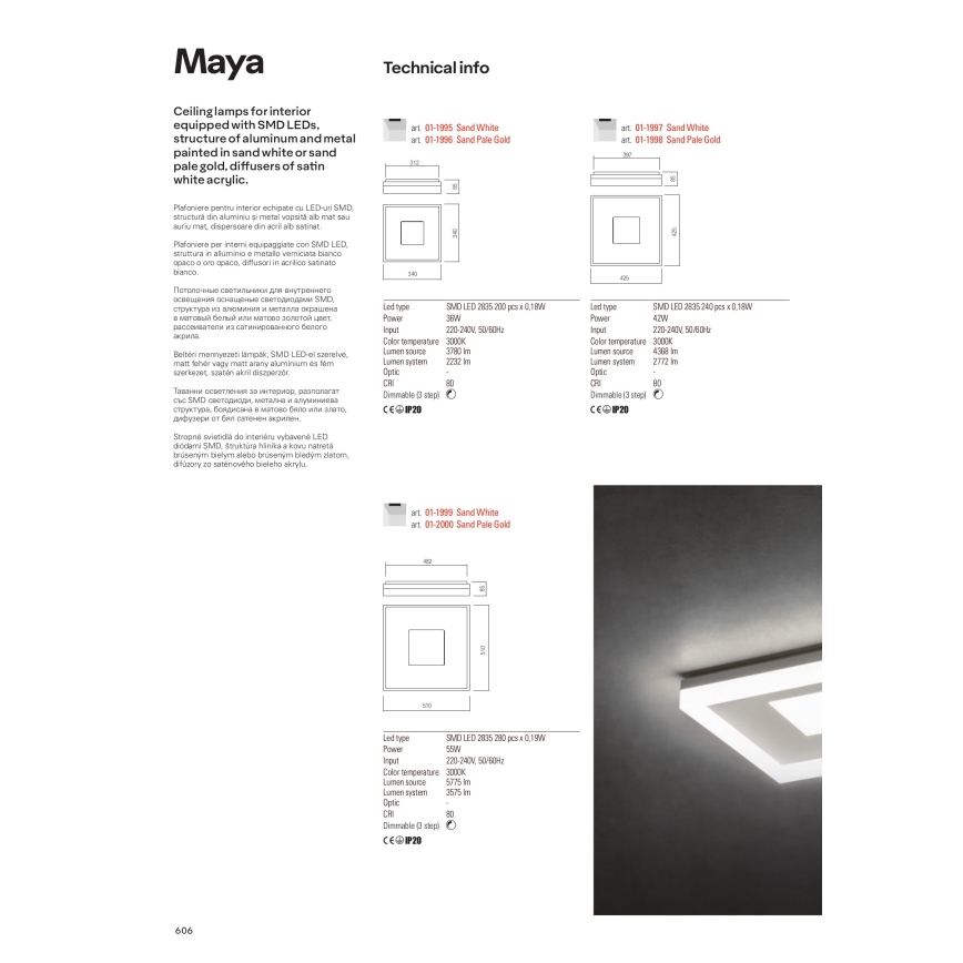 Redo 01-1998 - Димируемо LED таванно осветително тяло MAYA LED/42W/230V 42,5x42,5 cm златно