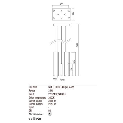 Redo 01-2046 - LED Пендел MADISON 8xLED/4W/230V златист