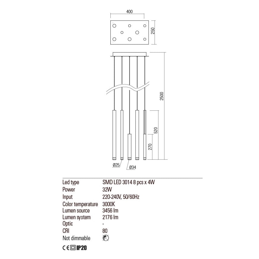 Redo 01-2049 - LED Пендел MADISON 8xLED/4W/230V лъскав хром/черен/меден