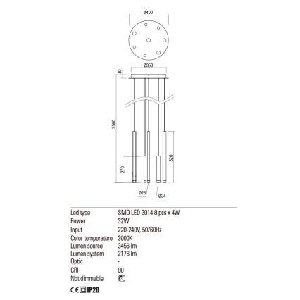 Redo 01-2050 - LED Пендел MADISON 8xLED/4W/230V златист