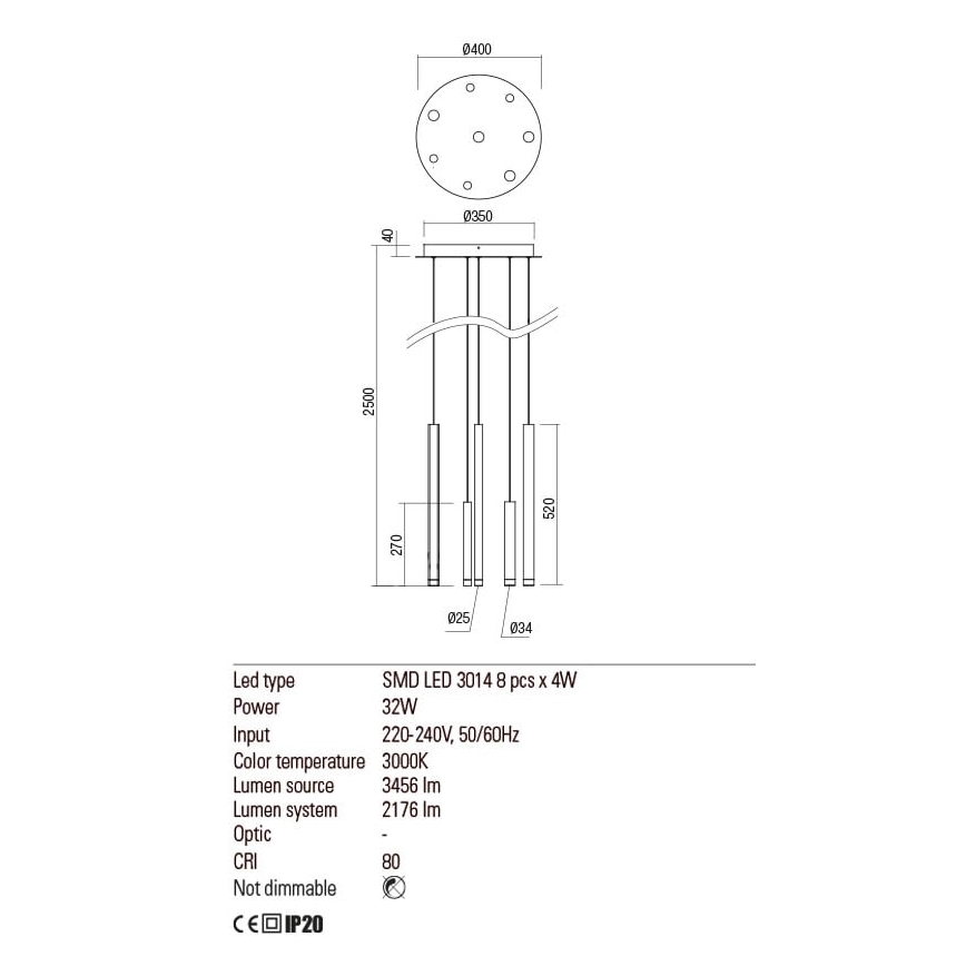 Redo 01-2053 - LED Пендел MADISON 8xLED/4W/230V лъскав хром/черен/меден