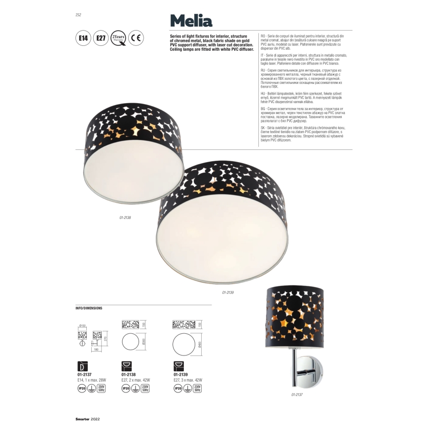 Redo 01-2138 - Плафон MELIA 2xE27/42W/230V Ø 30 см