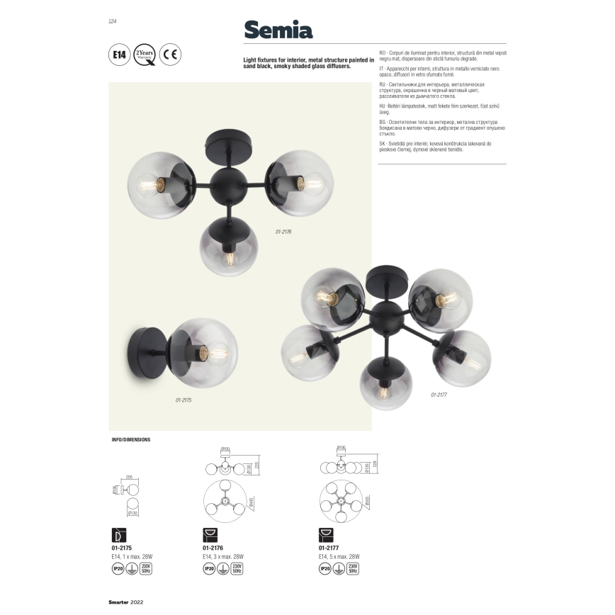Redo 01-2175 - Стенно осветително тяло SEMIA 1xE14/28W/230V черно/опушено
