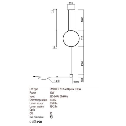 Redo 01-2197 - LED Лампион SLICK LED/19W/230V черен