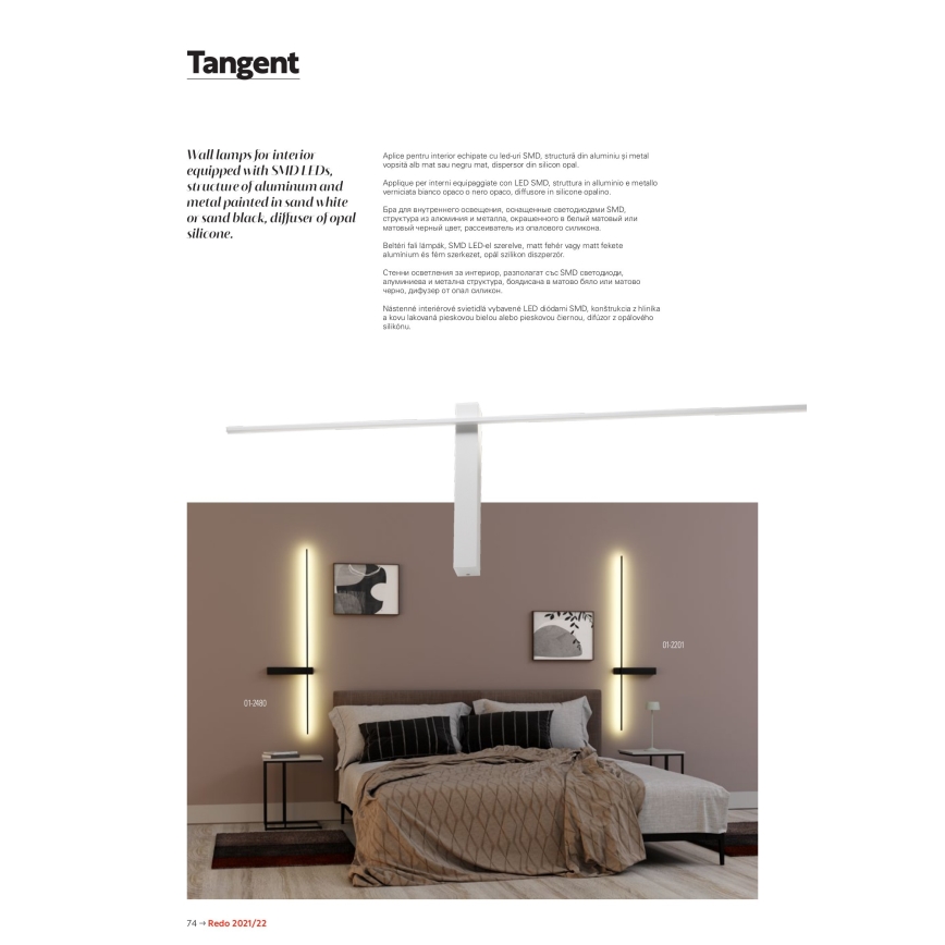 Redo 01-2200 - LED стенно осветително тяло TANGENT LED/14W/230V 3000K 125,4 cm бяло