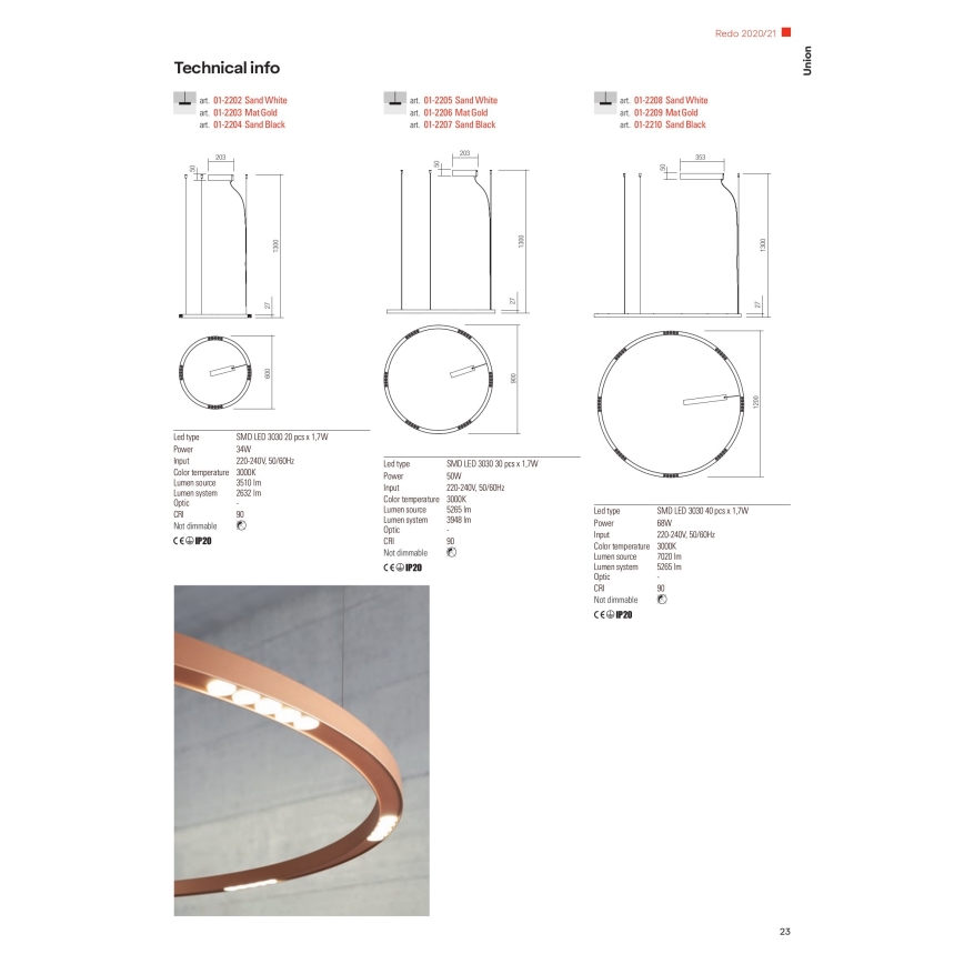 Redo 01-2209 - LED Пендел UNION LED/68W/230V CRI 90 3000K Ø 120 см златист