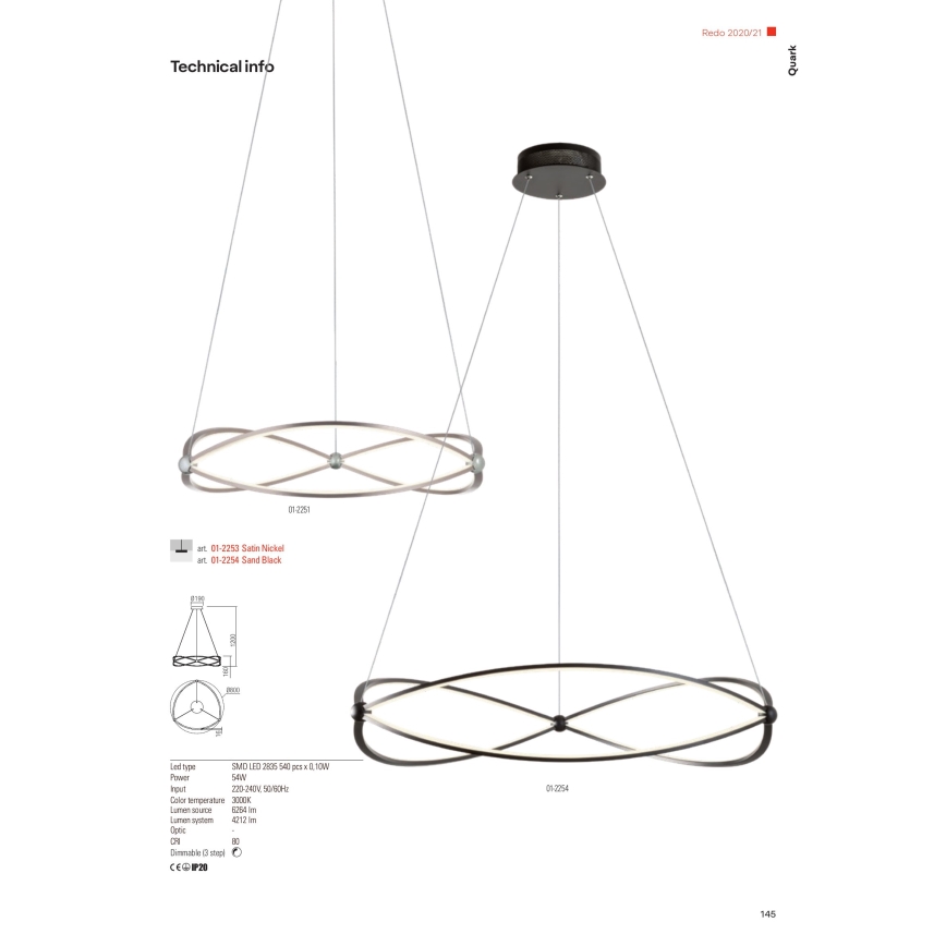 Redo 01-2254 - LED Димируем пендел QUARK LED/54W/230V 3000K Ø 80 см черен
