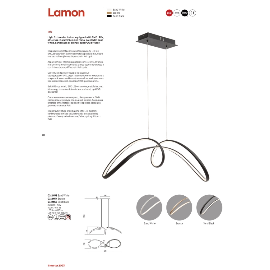 Redo 01-2455 - LED Пендел LAMON LED/57W/230V черен