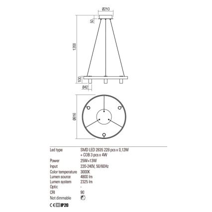 Redo 01-2490 - LED Пендел SUMMIT LED/38W/230V CRI 90 Ø 61,6 см златист