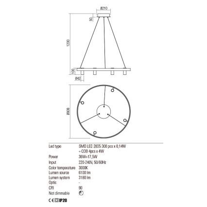 Redo 01-2492 - LED Пендел SUMMIT LED/53,5W/230V CRI 90 Ø 80,8 см златист
