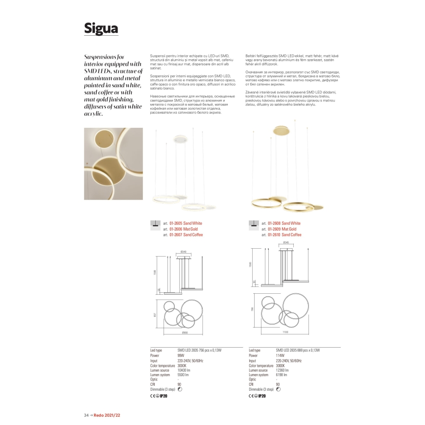 Redo 01-2605 - LED димируем полилей на кабел SIGUA LED/99W/230V CRI 90 бял