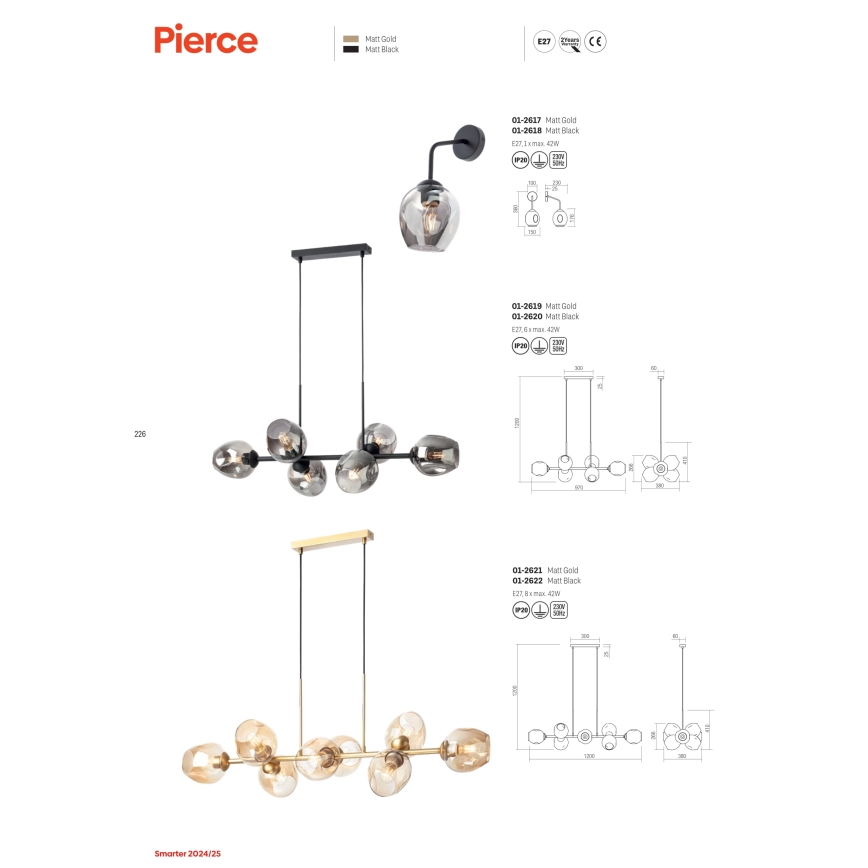 Redo 01-2618 - Аплик PIERCE 1xE27/42W/230V черен/опушен