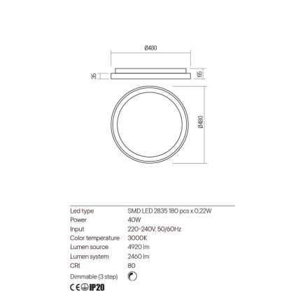 Redo 01-2668 - LED Димируем плафон ICONIC LED/40W/230V Ø 48 см черен