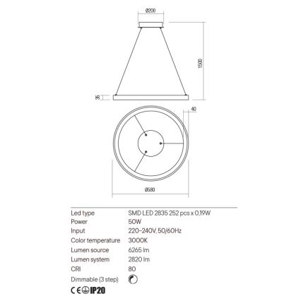 Redo 01-2673 - LED Димируем пендел ICONIC LED/50W/230V Ø 58 см златист