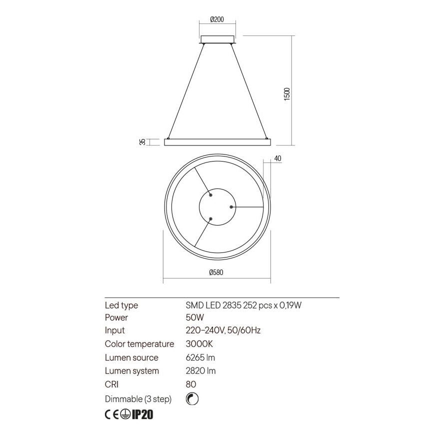 Redo 01-2673 - LED Димируем пендел ICONIC LED/50W/230V Ø 58 см златист
