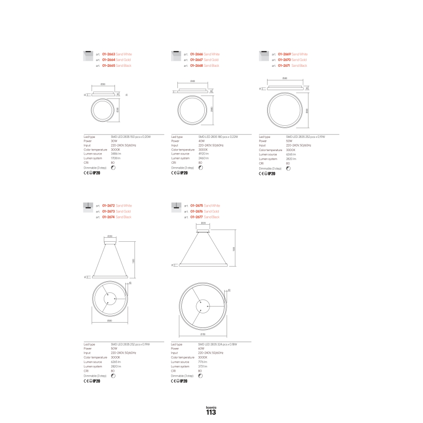 Redo 01-2675 - LED полилей с възможност за димиране на кабел ICONIC LED/60W/230V Ø 78 cm бял