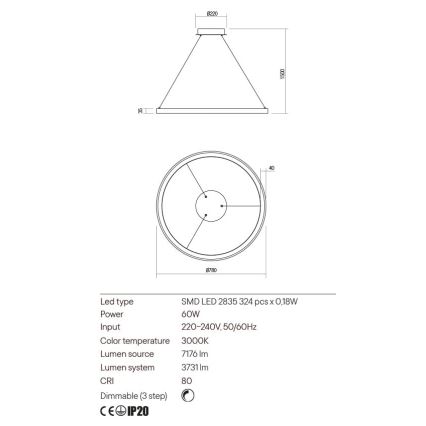 Redo 01-2676 - LED Димируем пендел ICONIC LED/60W/230V Ø 78 см златист