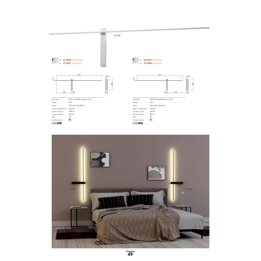 Redo 01-2746 - LED стенен аплик TANGENT LED/13W/230V 3000K 63,4 cm CRI 90 бял